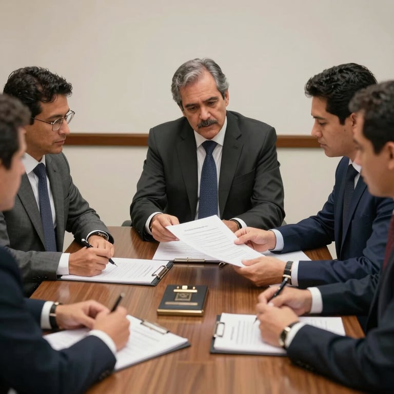 A professional team of South American / Brazilian lawyers in a meeting room, collaborating on a case file.