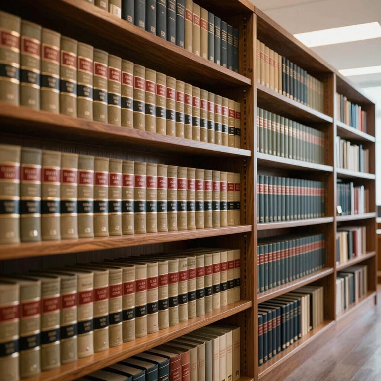 Interior shot of a modern legal library with rows of law books and warm lighting.