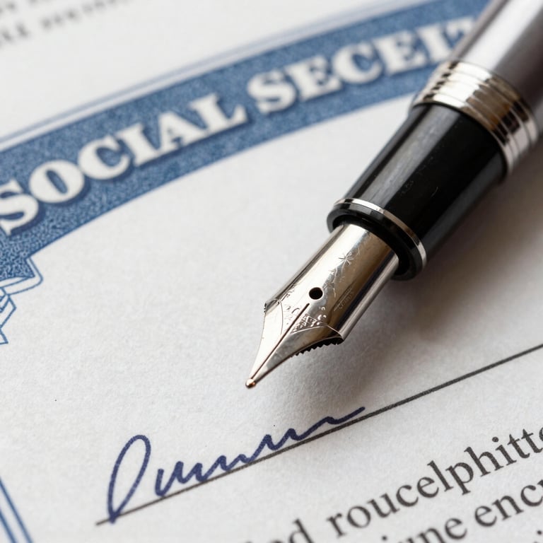 Macro shot of a fountain pen resting on a signed Social Security document.