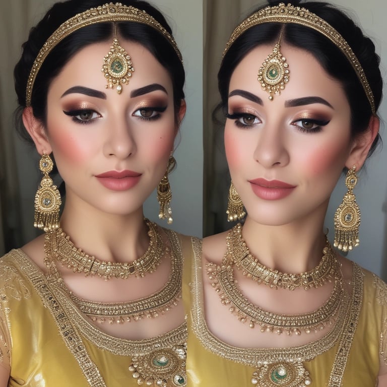 A person with elegant makeup and neatly styled hair is wearing a black, sequined, sheer top. The makeup features bold, colorful eyeshadow and long, dramatic eyelashes. The expression is serene and the pose is slightly tilted, highlighting the intricate details of the outfit.