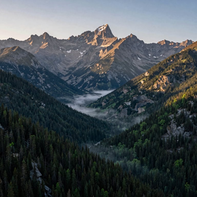 A majestic mountain range in the North American Rockies, captured at first light with misty valleys and deep forest green tones.