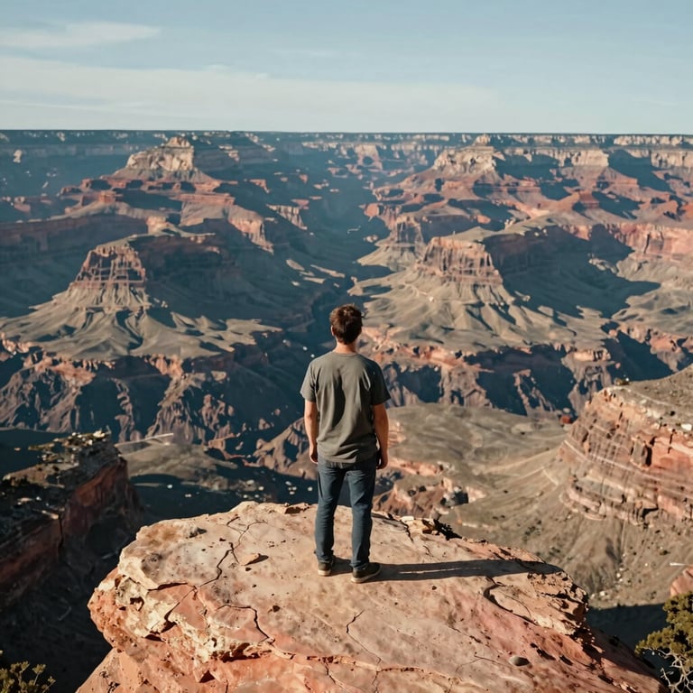 A man standing on a cliff edge overlooking a vast canyon in the North American southwest, cinematic scale and calm mood.