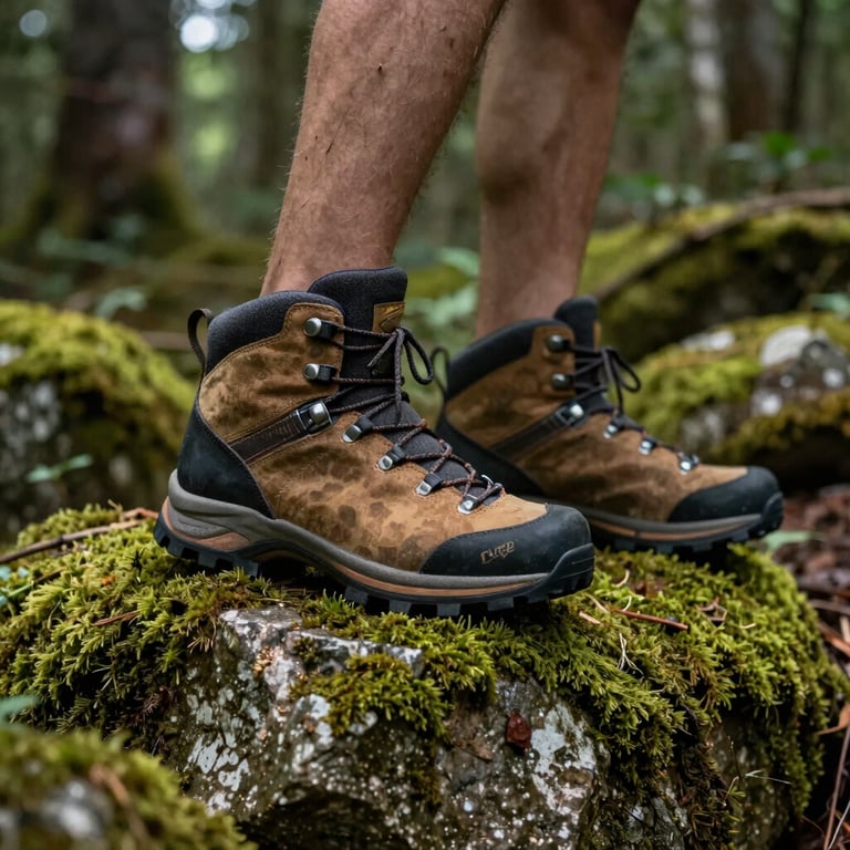 Professional shot of high-quality hiking boots stepping onto a moss-covered rock in a lush forest, earthy stone and moss colors.