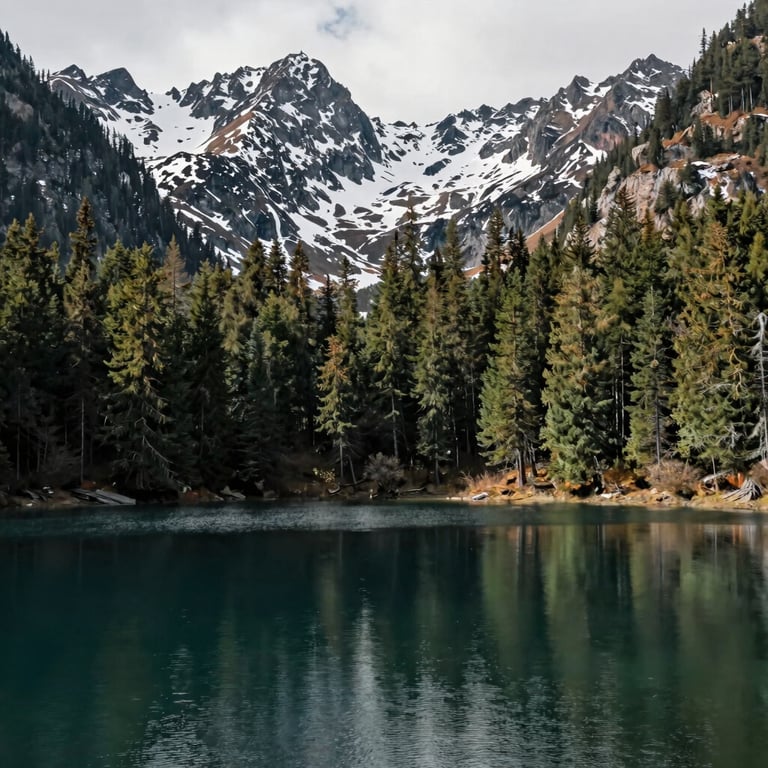 A calm alpine lake surrounded by dense evergreen trees and snow-dusted peaks, serene and professional aesthetic.