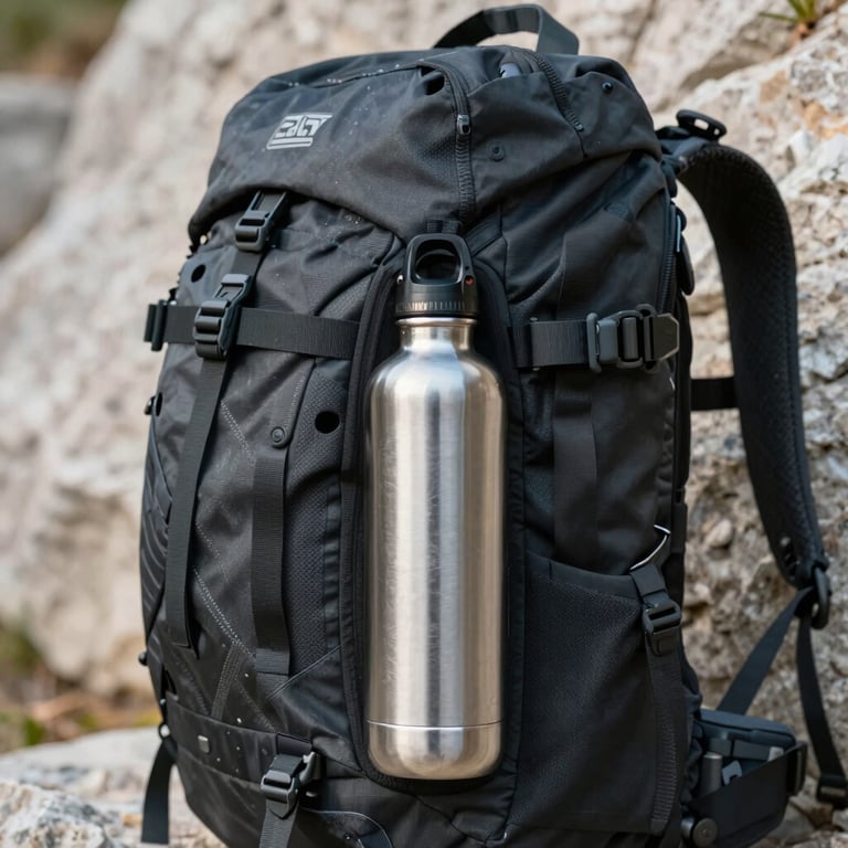 Close-up of an outdoor explorer's gear, including a modern backpack and a metal water bottle, against a light stone background.