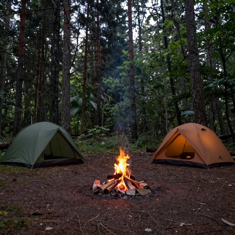 A wide-angle view of a serene campsite at the edge of a forest, with a small campfire glowing softly in a safe environment.