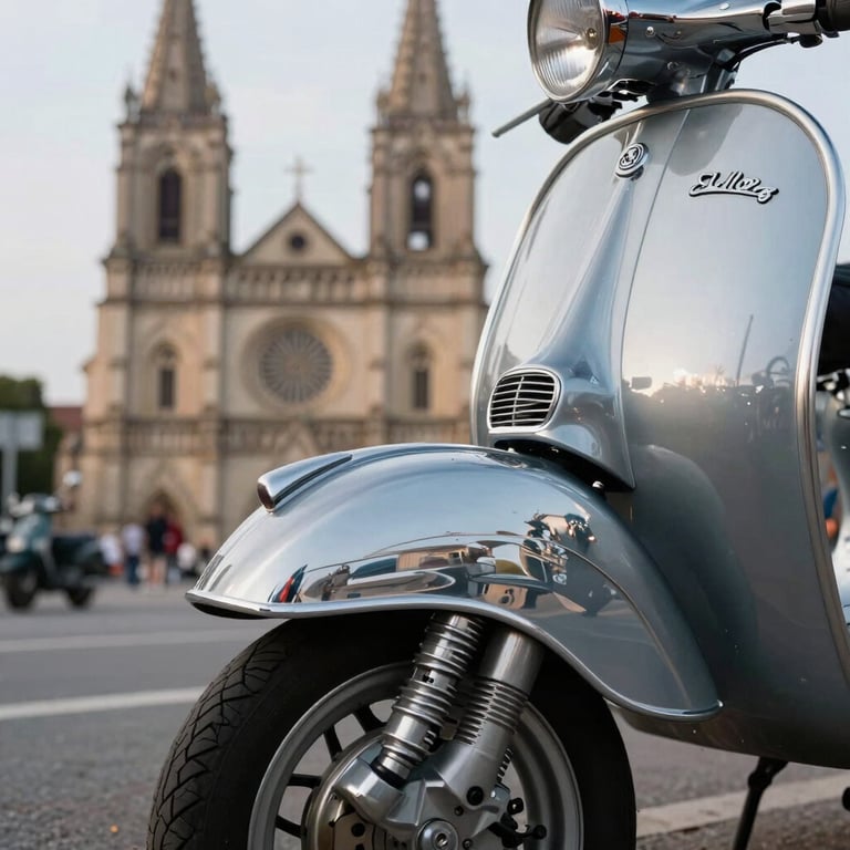Reflections of a historic church on the chrome fender of a vintage scooter during a classic motor event.