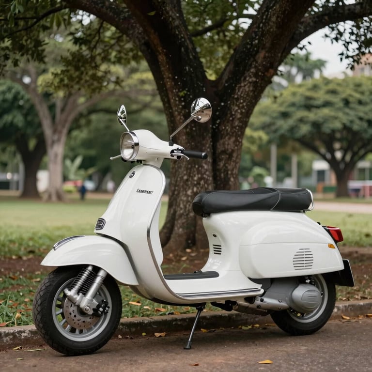 A pristine white Lambretta resting under the shade of a large tree in a Brazilian park, elegant and peaceful composition.