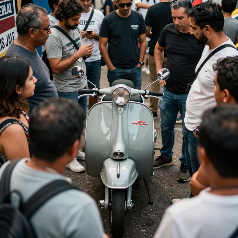 An overhead shot of enthusiasts gathering around a rare 1950s Lambretta model at an outdoor exhibition in São Paulo, vibrant community mood.