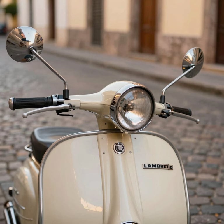 A row of colorful vintage Lambrettas parked in front of a colonial-style building in a historic Brazilian town, soft morning light.
