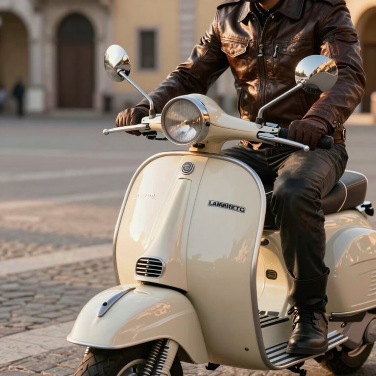 A close-up of a leather-clad rider on a cream Lambretta, passing by a historic plaza, golden hour lighting.