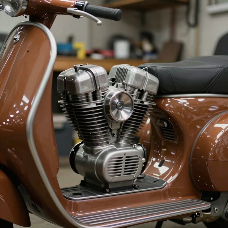 Detail of a polished engine on a classic brown scooter, emphasizing authentic craftsmanship and heritage, workshop background.
