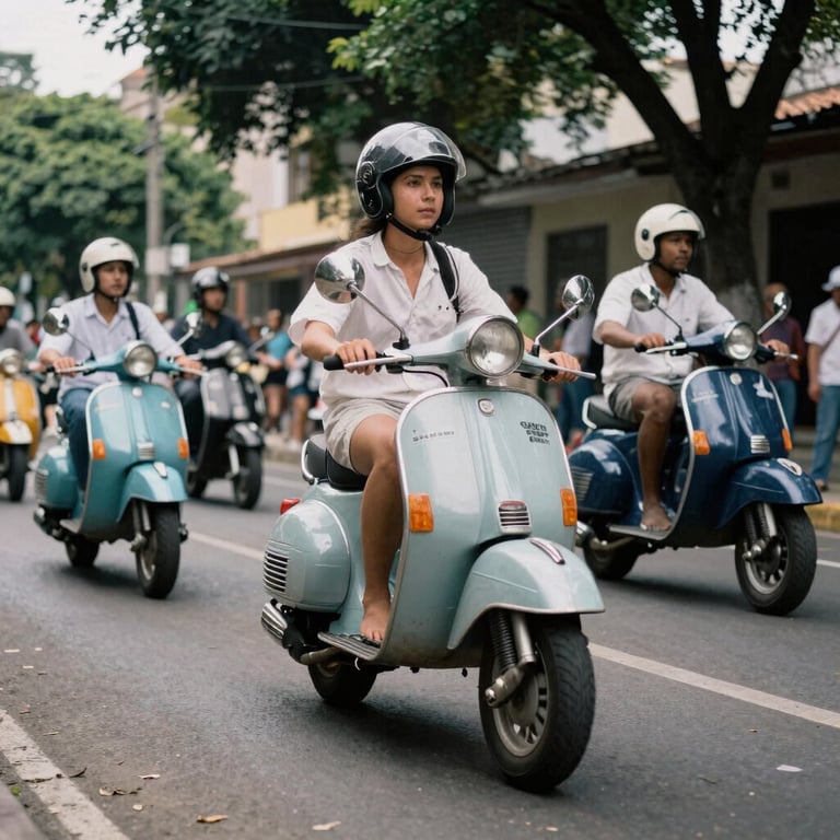 A parade of Italian scooters driving through a leafy South American boulevard, captured with a nostalgic film photography aesthetic.