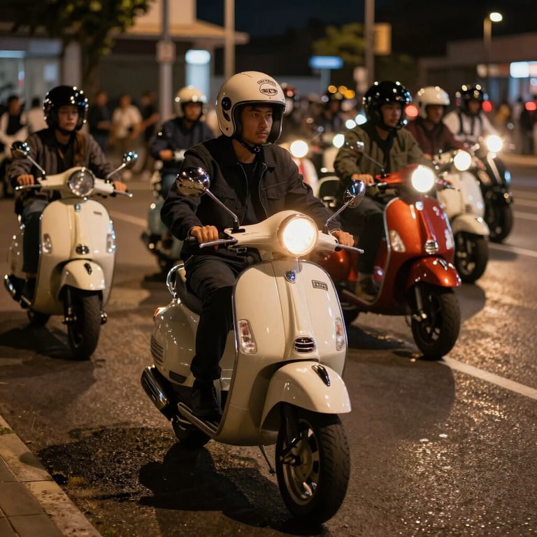 A night scene of a scooter club meeting, headlights illuminating a dark street with warm glowing lights and long shadows.
