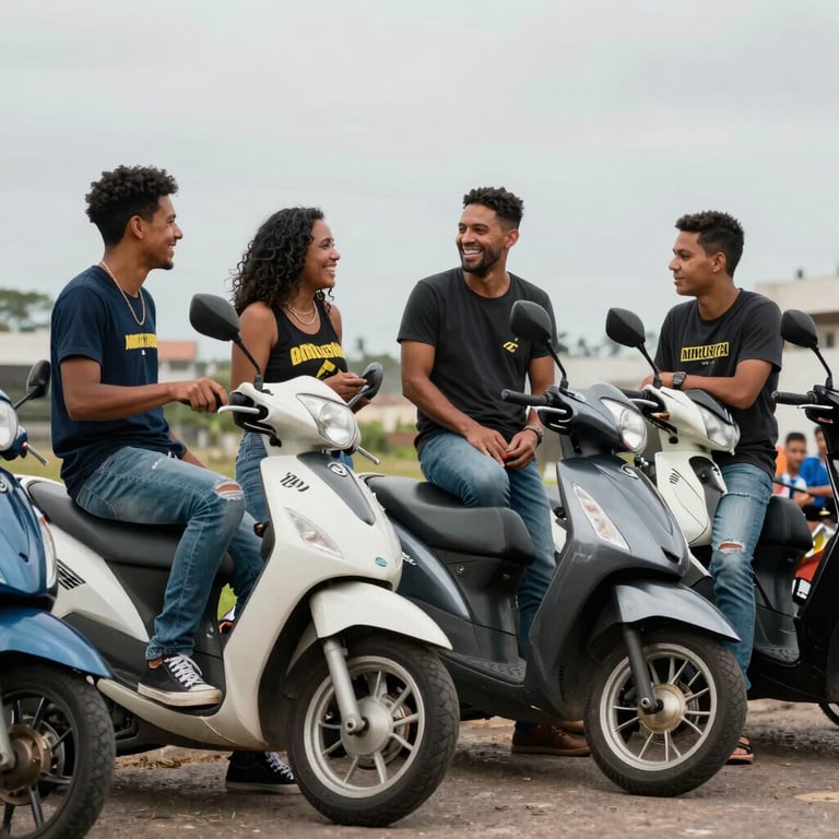 Group of friends laughing and sharing stories next to their parked scooters at a Brazilian rally, authentic lifestyle photography.