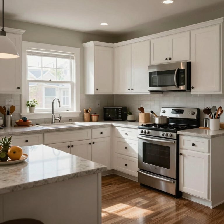 A wide shot of an immaculate, clutter-free kitchen in a Bucks County, Pennsylvania home, with white cabinetry and sparkling countertops.
