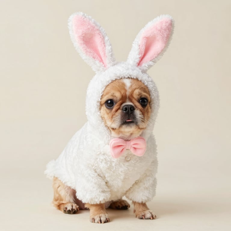 Un perrito adorable con un disfraz de conejito blanco y esponjoso, con orejas rosas y una pajarita.