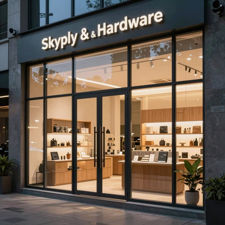 The modern glass storefront of Skyply & Hardware in Bhopal at dusk, with soft interior lighting reflecting premium products.