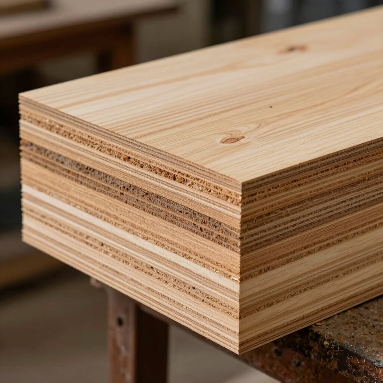 Macro shot of high-grade birch plywood layers showing fine grain textures, professional lighting in a South Asian / Indian workshop.