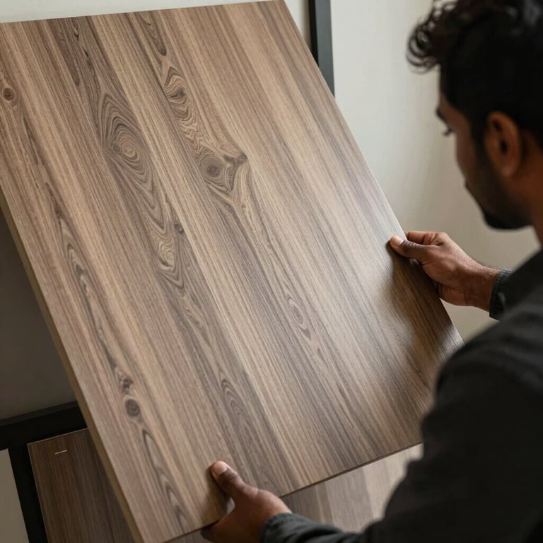 A South Asian / Indian interior designer inspecting a large decorative laminate sheet with a wood-grain pattern.