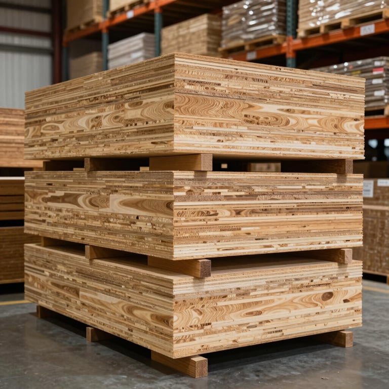 Stacks of premium plywood in a clean, professional warehouse with industrial shelving.