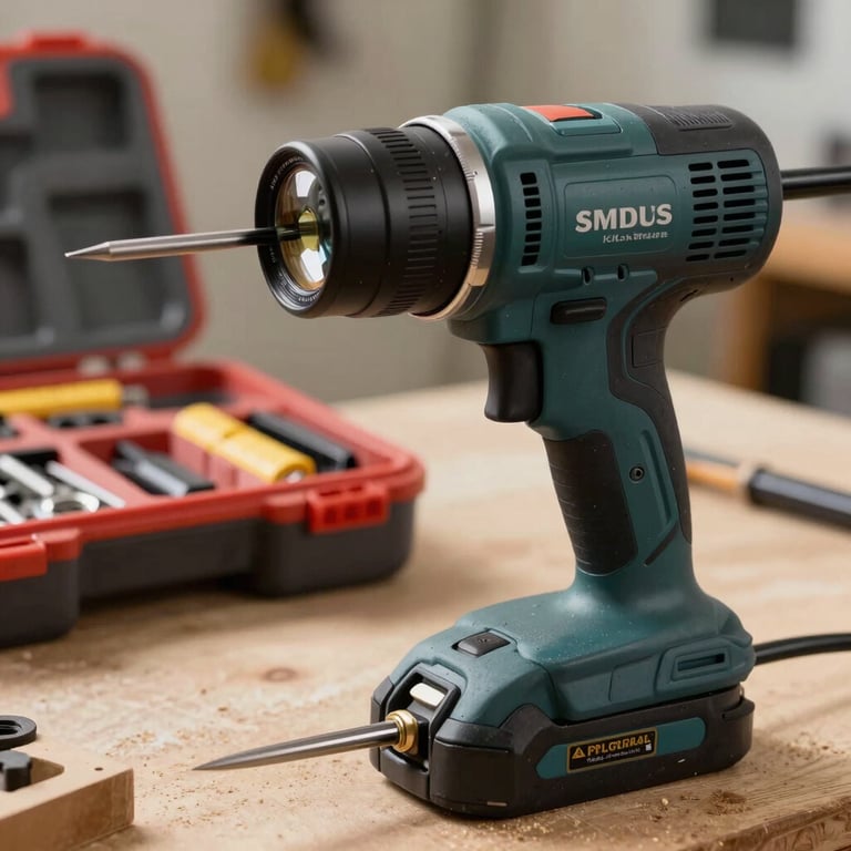Close-up of a power tool and hardware kit used for precision woodworking in a professional setting.