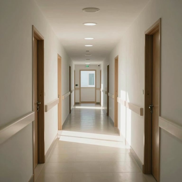 A sunlit, clean hallway of a modern South American clinic, conveying hygiene and peace.