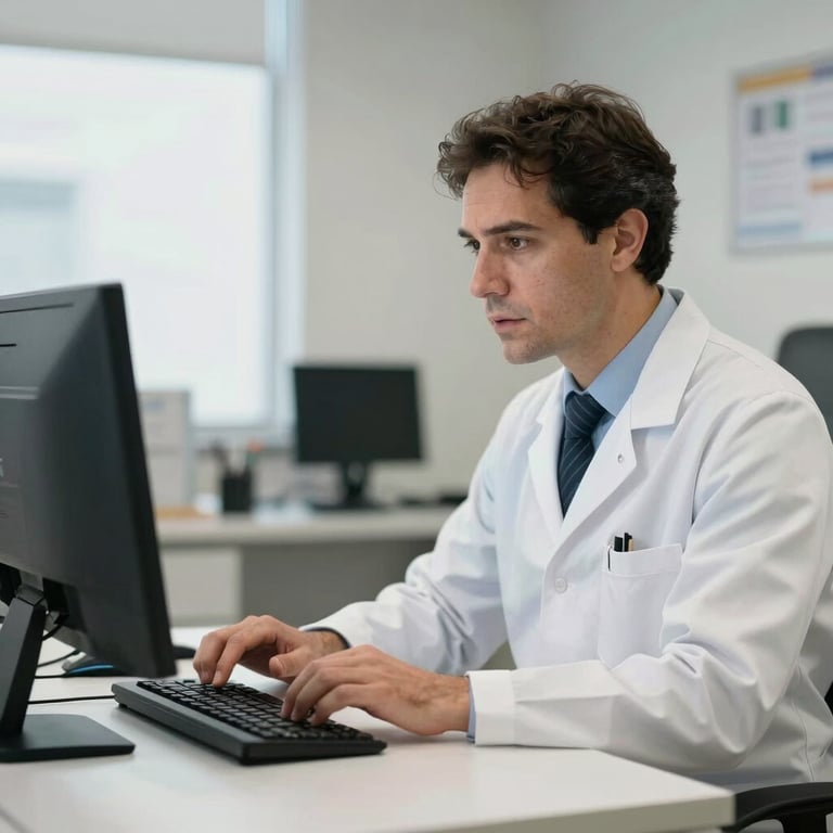 A pharmacist in a white coat consulting via a computer in a bright, modern Brazilian office.