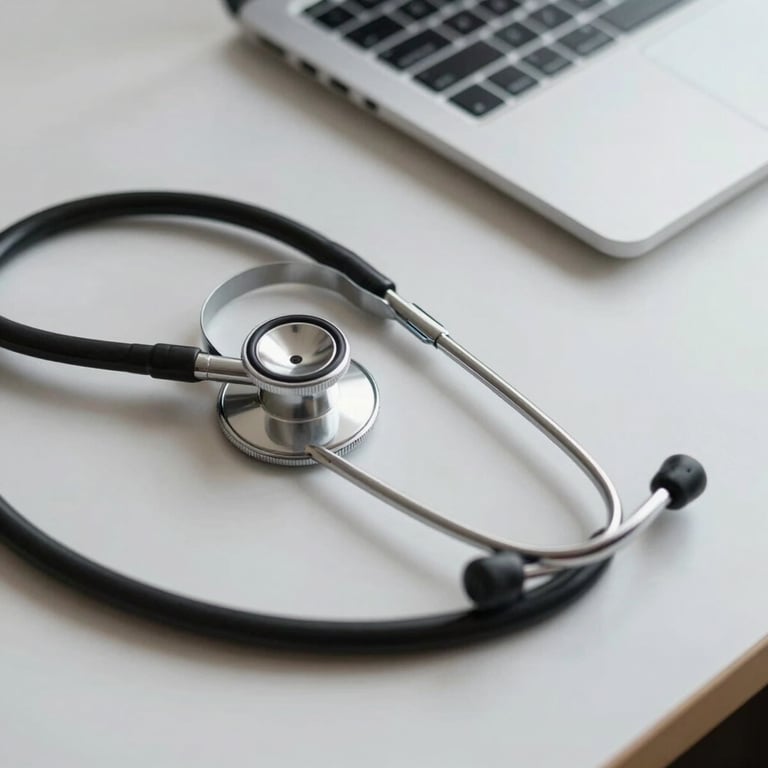 A minimalist medical desk with a stethoscope and laptop, symbolizing digital health services.