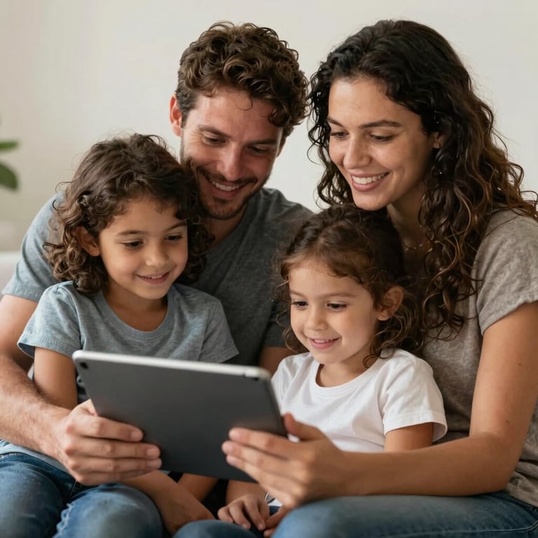 A South American / Brazilian family smiling with relief while using a tablet for health advice.