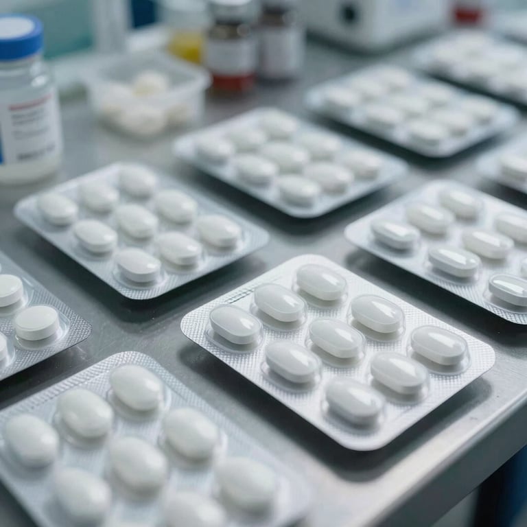 Macro photography of high-quality, organized pharmaceutical packaging in a clean facility.