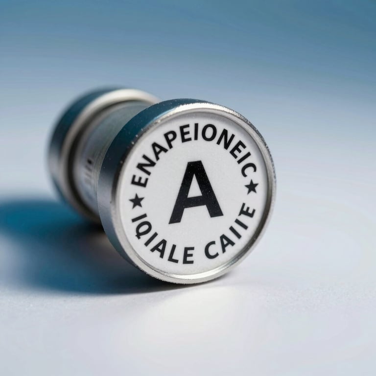 A professional pharmaceutical seal of quality shown on a white background with soft blue shadows.
