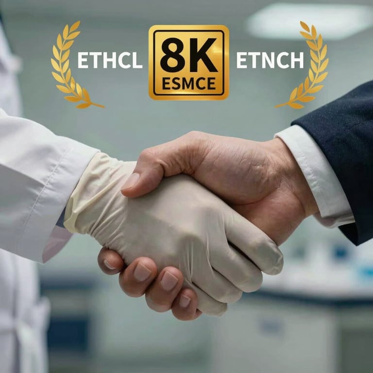 A close-up of two hands shaking, one in a lab glove and one in professional attire, symbolizing ethical alliance and partnership.