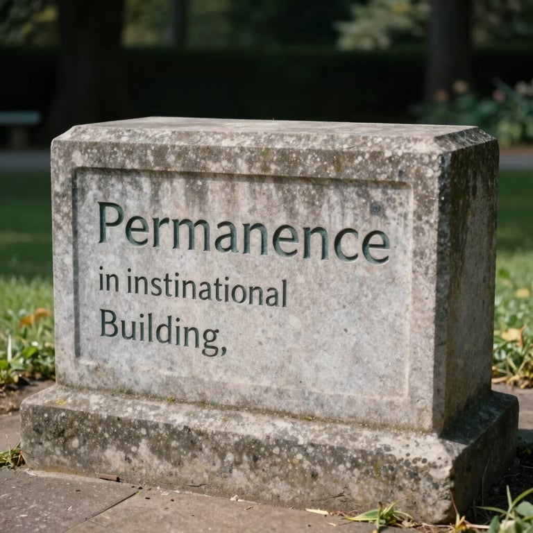 An enduring stone monument or foundation block in a garden, representing the value of Permanence in institutional building.