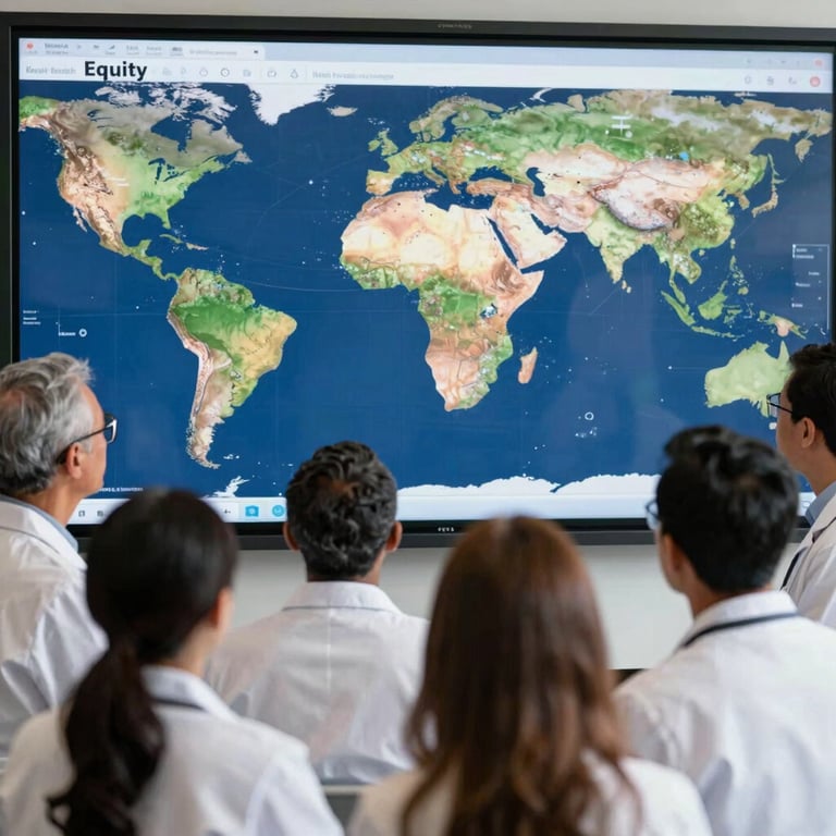 A group of diverse researchers looking at a digital display showing health data maps of Africa, representing global Equity.