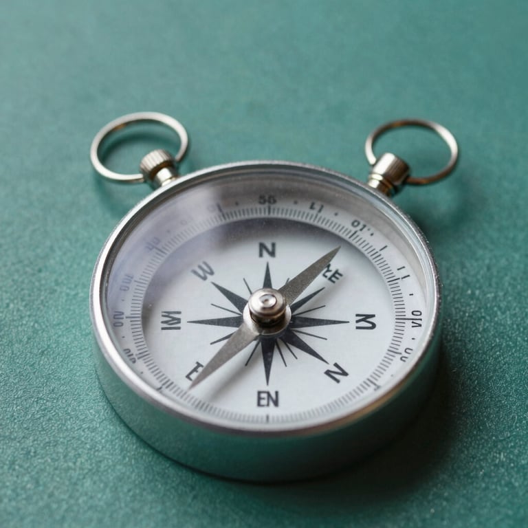 A macro shot of a compass resting on a teal green surface, symbolizing Integrity and guided ethical advancement.