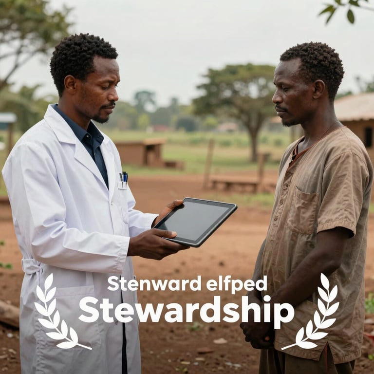 A scientist handing a tablet to a local community leader in a rural setting, showcasing Stewardship and knowledge transfer.