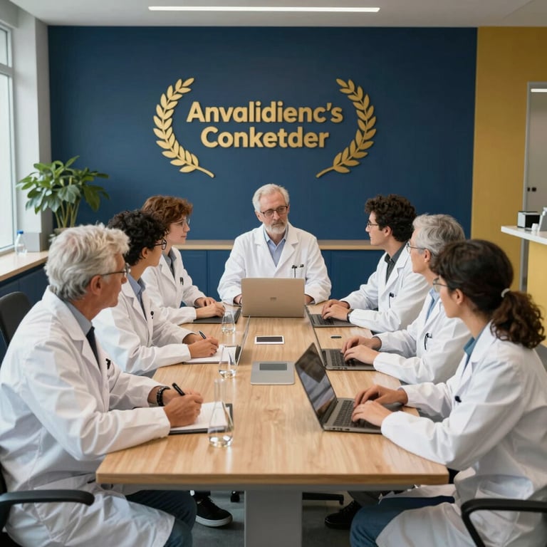 A wide shot of a collaborative research meeting with diverse scientists in a modern room with navy blue and gold accents.
