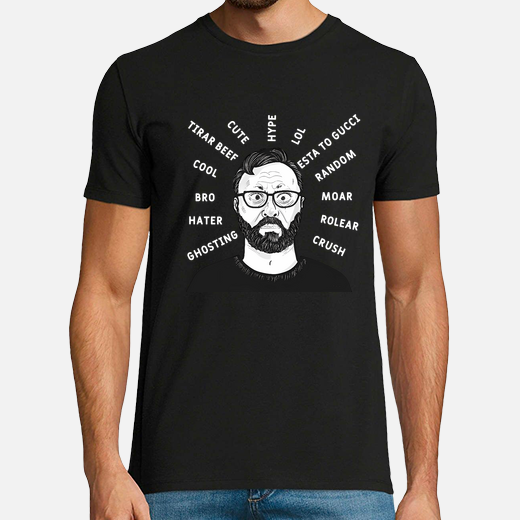 Camiseta divertida con ilustración de un padre confundido rodeado de palabras del lenguaje juvenil 