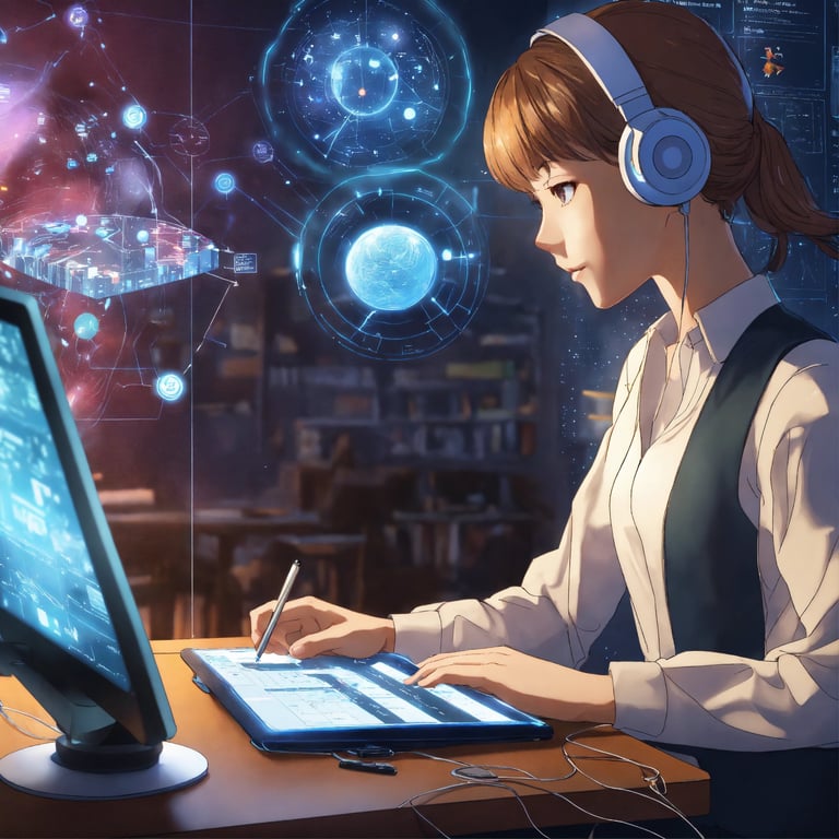 a woman in headphones and is sitting at a desk learning with AI
