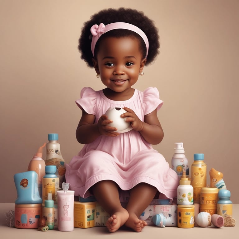 A baby lies on a white quilt surrounded by various baby care products, such as lotions, baby oil, and diapers. The baby is wearing a white diaper with colorful hair ties scattered around. Bright packaging and diverse product shapes create an organized composition.