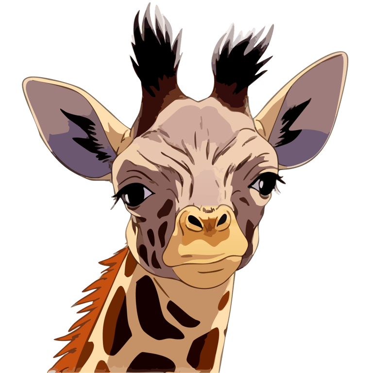 Graphic art print of a baby giraffe staring quizzically at the viewer, derived from original African wildlife photography.