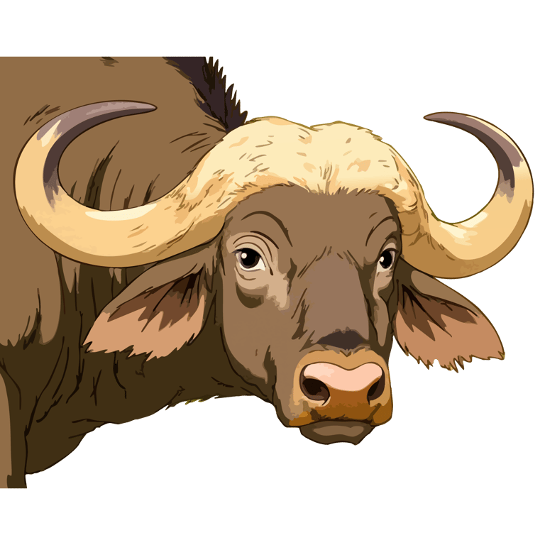 Graphic art print of a cape buffalo regarding the viewer with calm assessment, from original African wildlife photography.