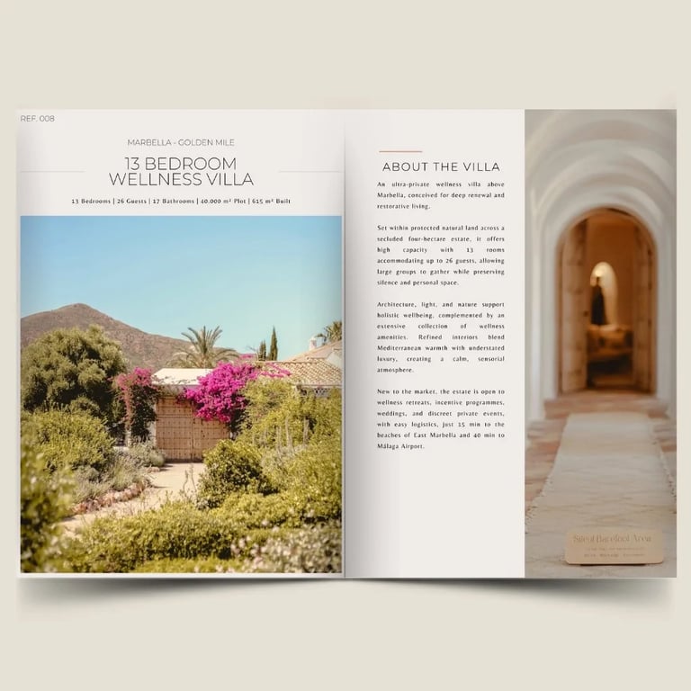 13 bedroom wellness villa brochure spread with garden and arched corridor images