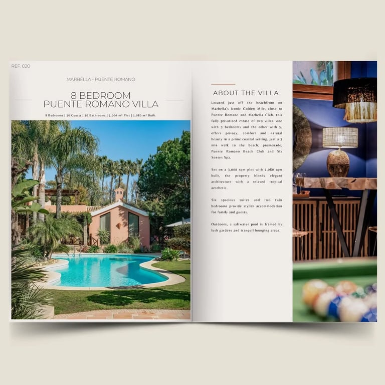 8 bedroom villa in Puente Romano dossier cover with garden and property overview
