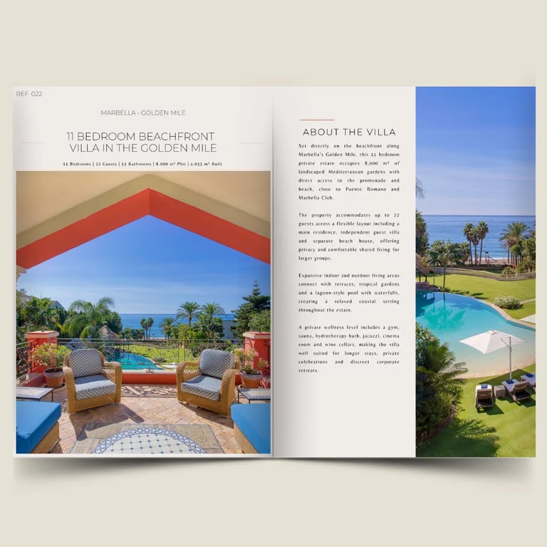 Open brochure showcasing an 11 bedroom beachfront villa on Marbella's Golden Mile