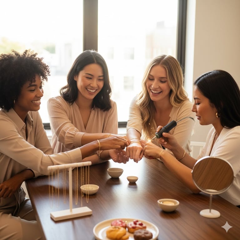 a group of women sitting around a table with matching bracelets