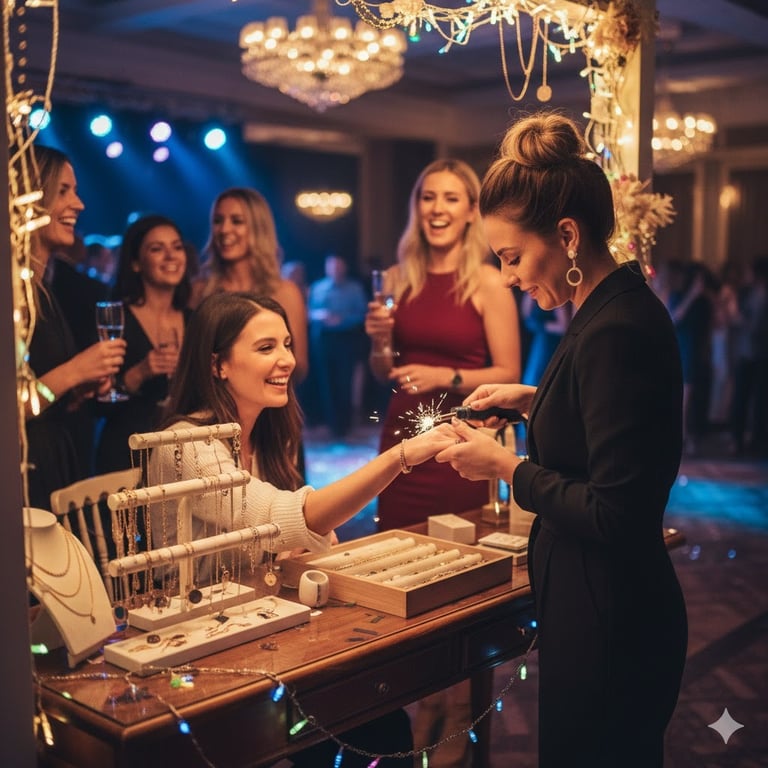 a woman is applying permanent jewelry to another woman at a party
