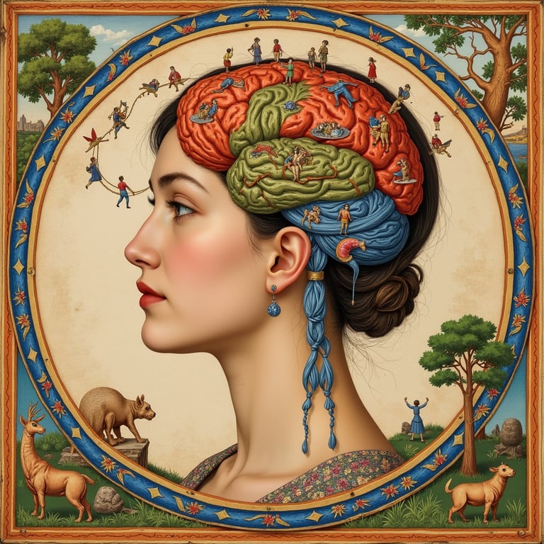 Colorful artistic brain illustration representing spiritual wellness, mindfulness,  natural healing