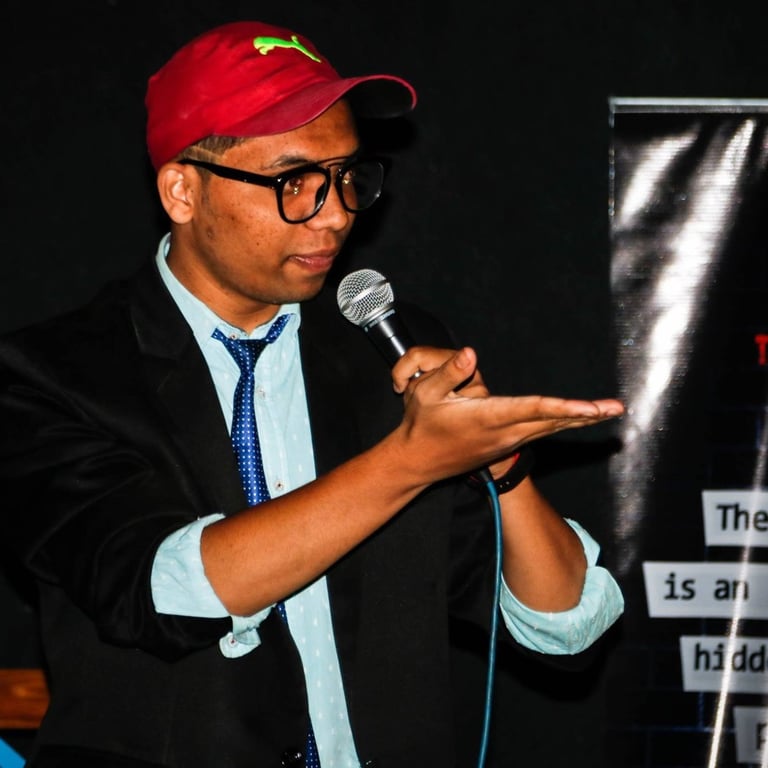 Manish Pawar, a stand up comedian, performs at an Orange Octopus event in 2018
